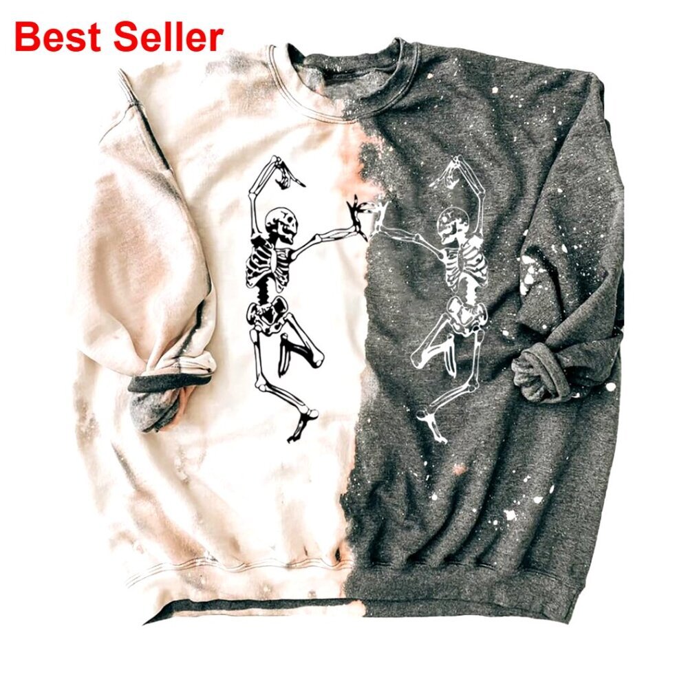 Vintage Bleached Dancing Skeleton Sweatshirt Women's Loose Fit Pullover